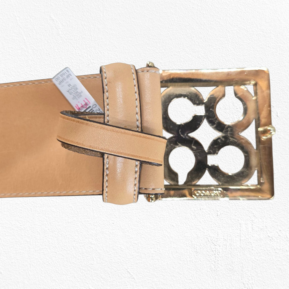 Coach Sig C Pierced Belt 90110 Tan Beige Gold Square Buckle Leather Size Medium - Picture 6 of 10